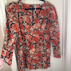 Free People Coral and Black Floral Corduroy Dress